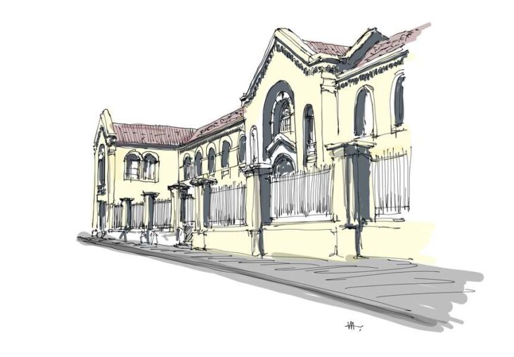 Una fachada ilustrada que muestra el museo pedagógico Gabriela Mistral.